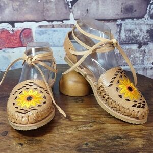Leather Huaraches w/ Ankle Wrap Ties & Sunflower Embroidery Detail